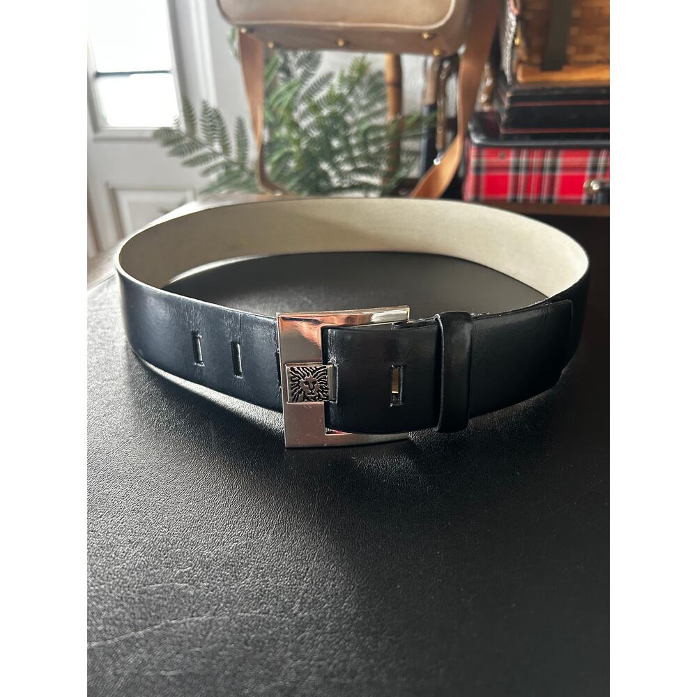 Vintage Anne Klein Black Leather Belt Silver Lion Buckle Minimalist 90s Small - Picture 2 of 6